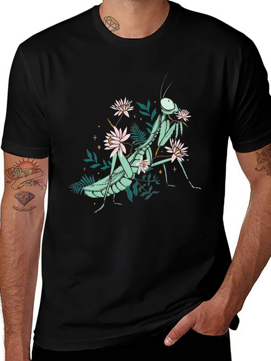 Botanical Praying Mantis Graphic Tee - Black Cotton