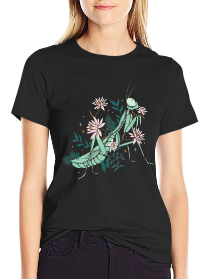Botanical Praying Mantis Graphic Tee - Black Cotton