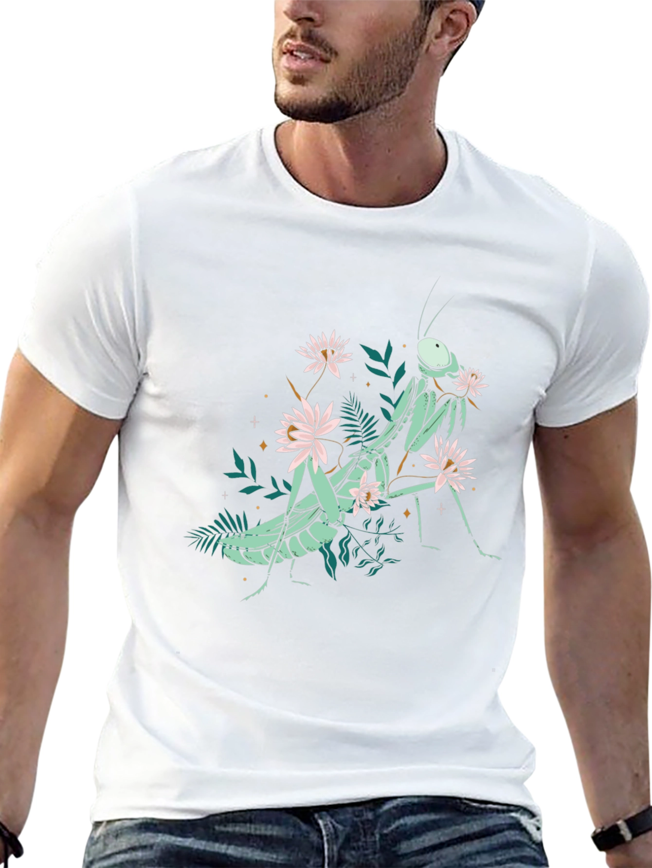 Botanical Praying Mantis Graphic Tee - Black Cotton