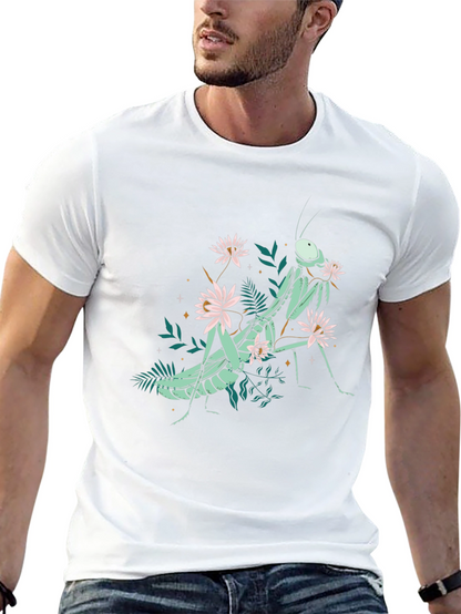 Botanical Praying Mantis Graphic Tee - Black Cotton