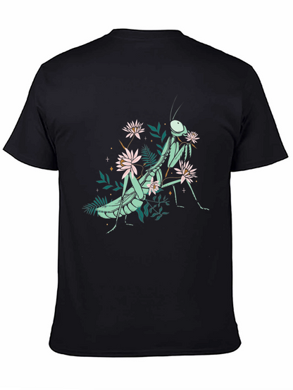 Botanical Praying Mantis Graphic Tee - Black Cotton