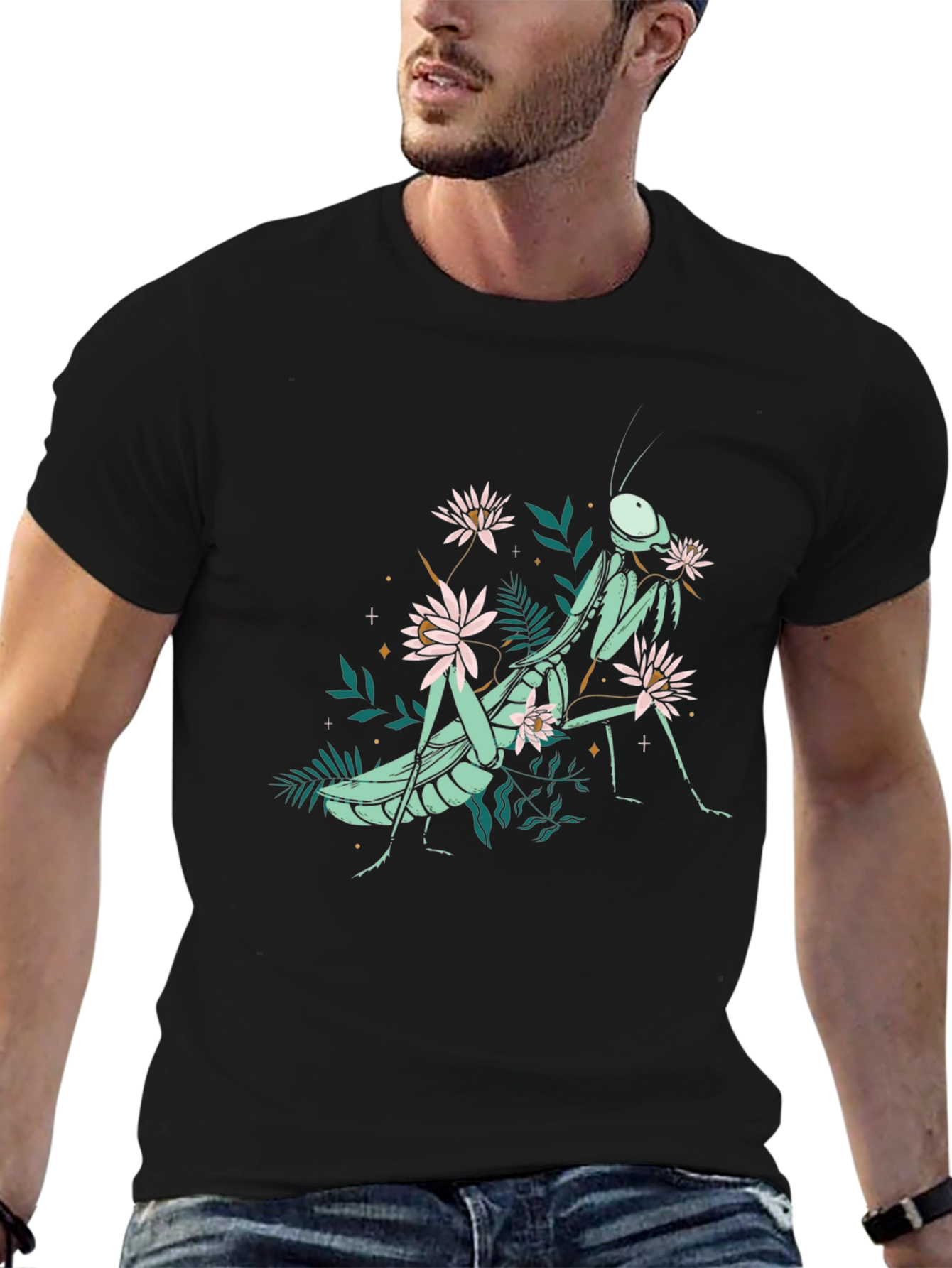 Botanical Praying Mantis Graphic Tee - Black Cotton