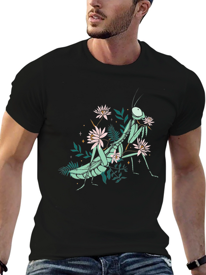 Botanical Praying Mantis Graphic Tee - Black Cotton