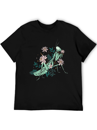 Botanical Praying Mantis Graphic Tee - Black Cotton