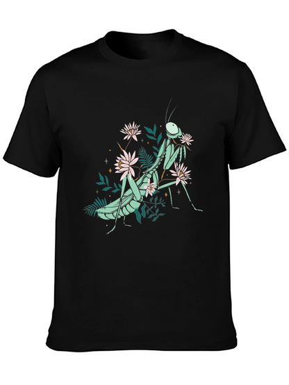 Botanical Praying Mantis Graphic Tee - Black Cotton