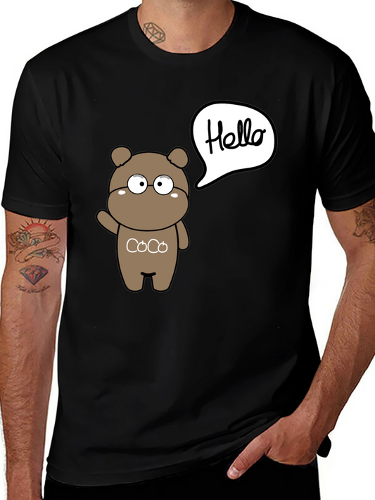 Cute Cartoon Bear Hello Graphic Black T-Shirt