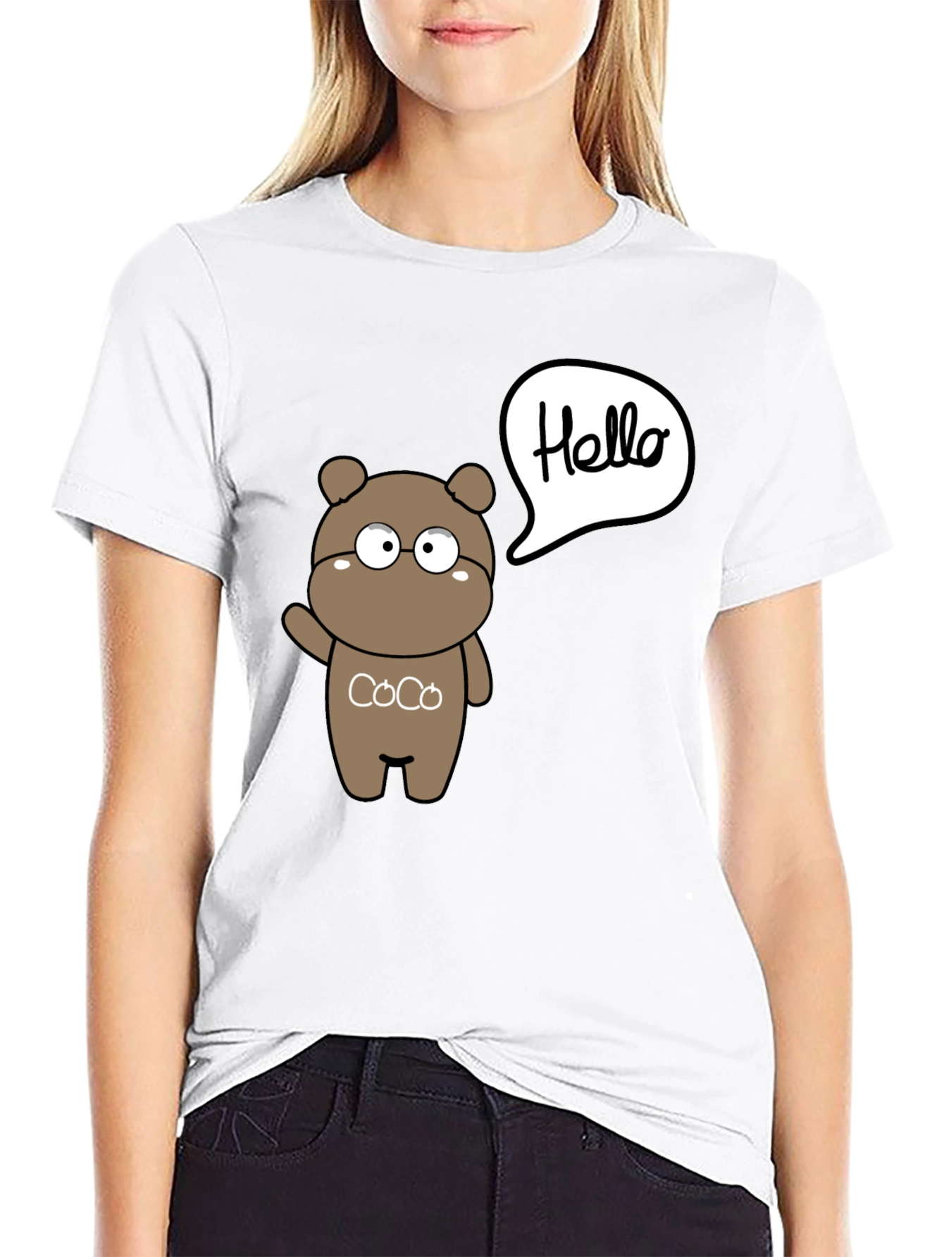 Cute Cartoon Bear Hello Graphic Black T-Shirt