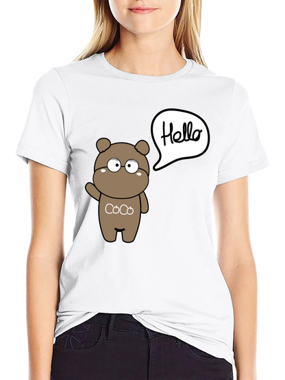 Cute Cartoon Bear Hello Graphic Black T-Shirt