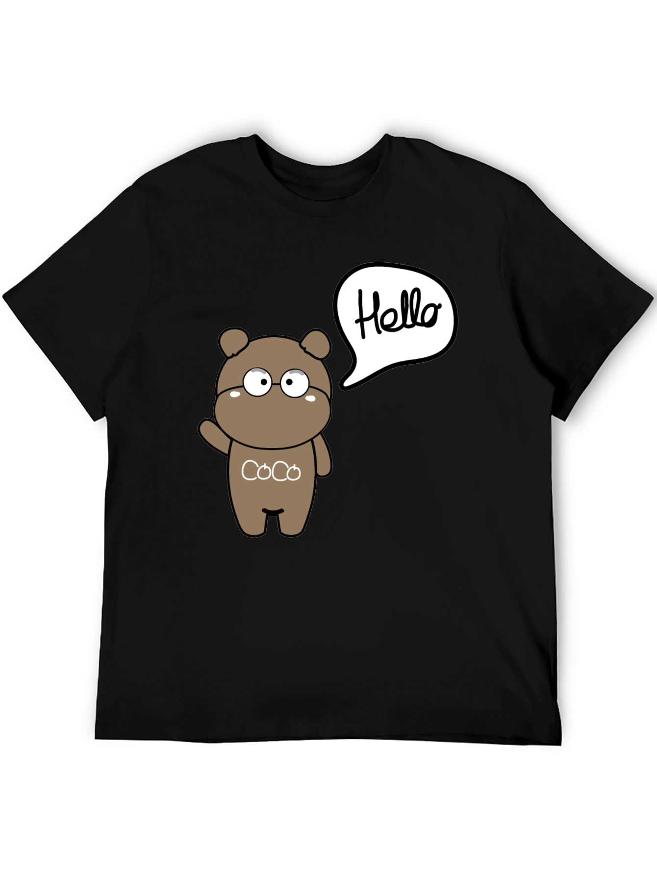 Cute Cartoon Bear Hello Graphic Black T-Shirt