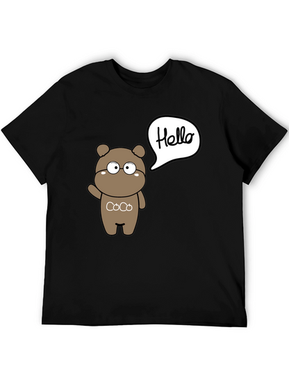 Cute Cartoon Bear Hello Graphic Black T-Shirt