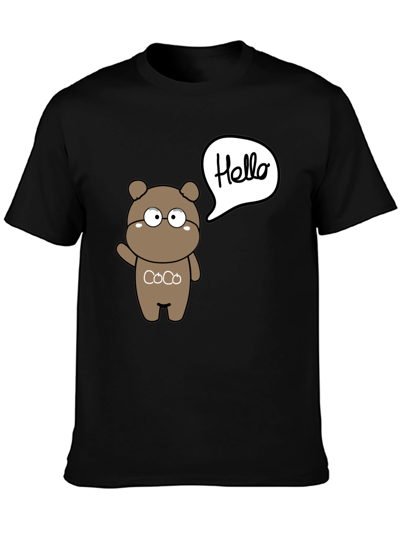 Cute Cartoon Bear Hello Graphic Black T-Shirt