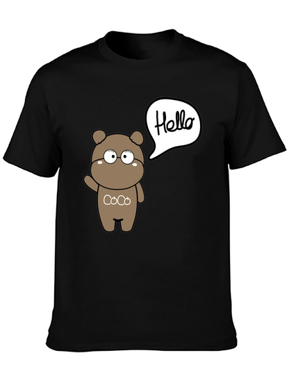 Cute Cartoon Bear Hello Graphic Black T-Shirt