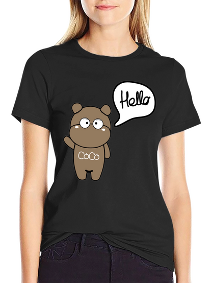Cute Cartoon Bear Hello Graphic Black T-Shirt