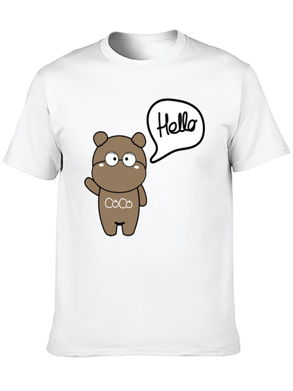 Cute Cartoon Bear Hello Graphic Black T-Shirt