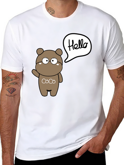 Cute Cartoon Bear Hello Graphic Black T-Shirt
