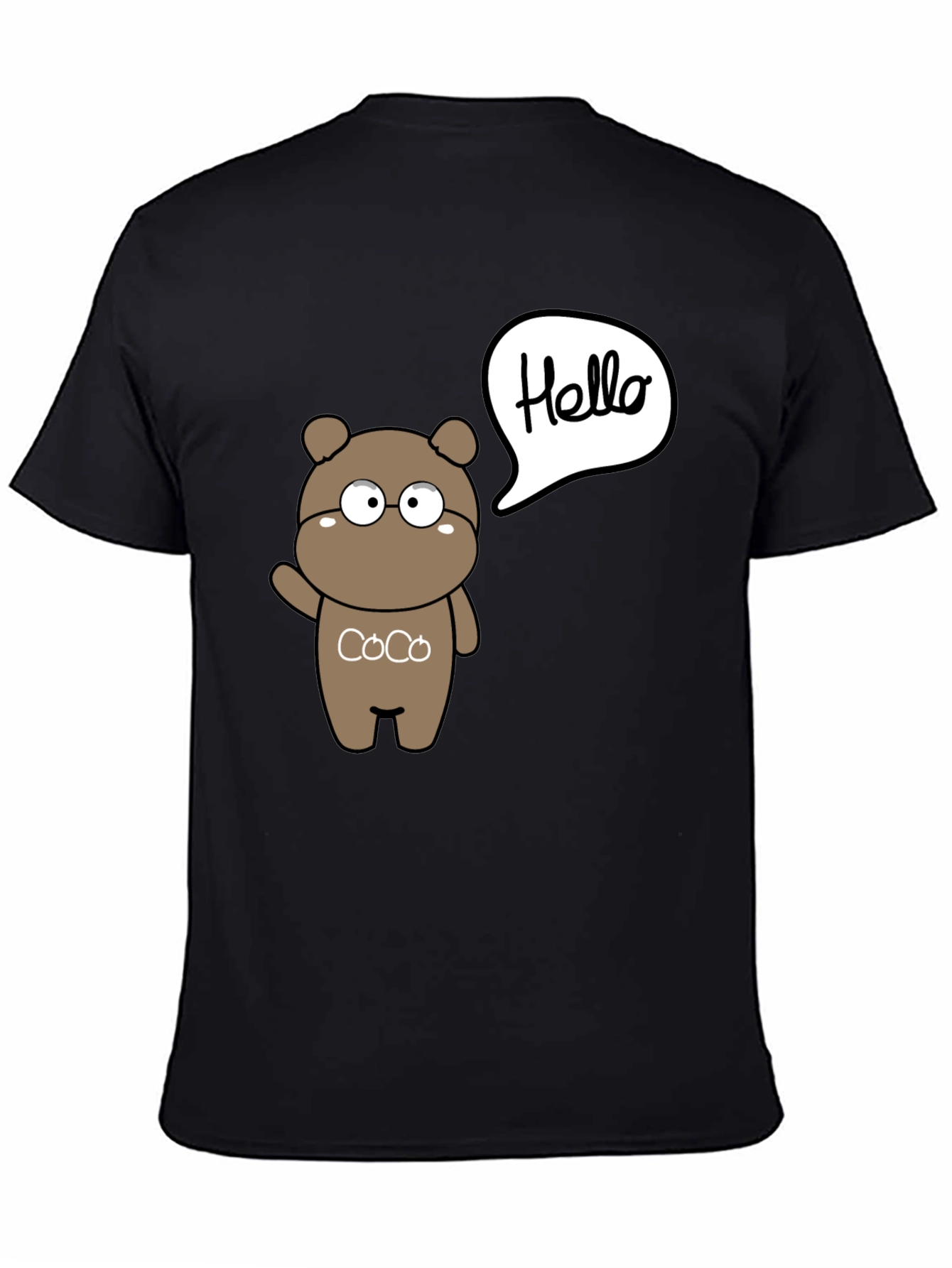 Cute Cartoon Bear Hello Graphic Black T-Shirt