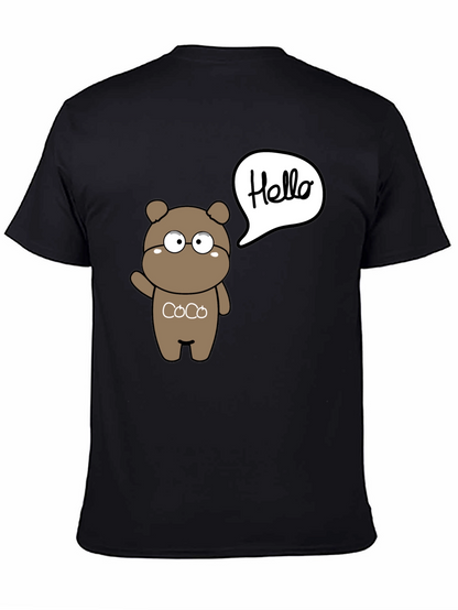 Cute Cartoon Bear Hello Graphic Black T-Shirt