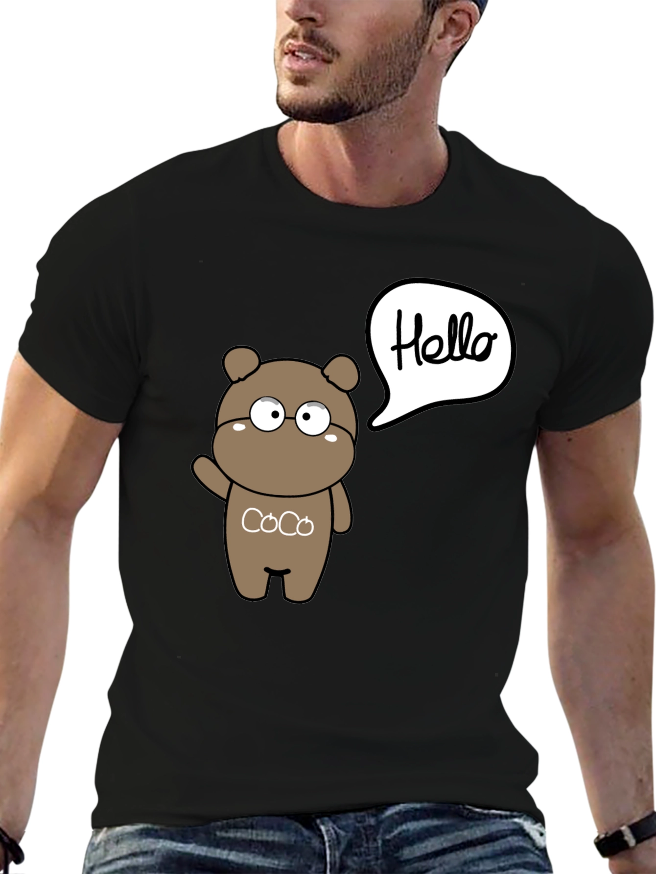 Cute Cartoon Bear Hello Graphic Black T-Shirt