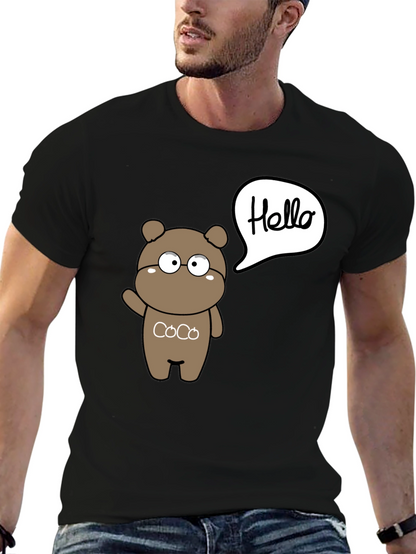 Cute Cartoon Bear Hello Graphic Black T-Shirt