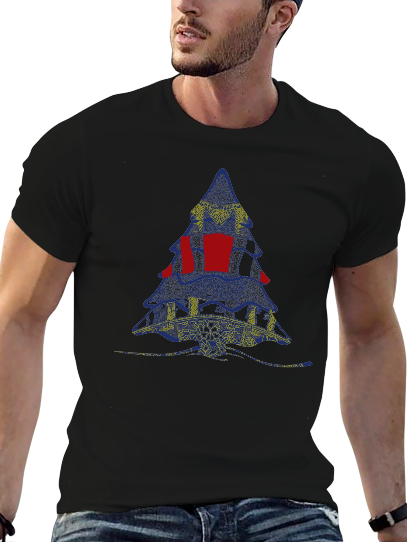 Abstract Christmas Tree Graphic Tee - Black
