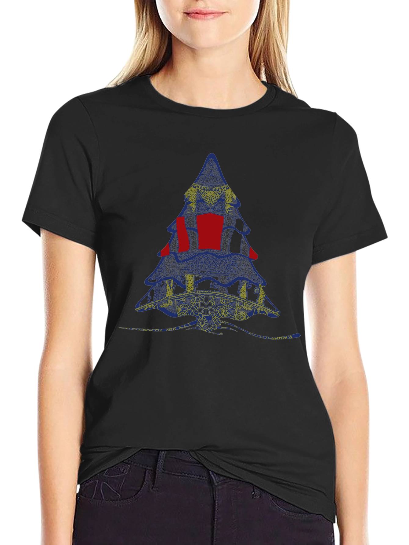 Abstract Christmas Tree Graphic Tee - Black