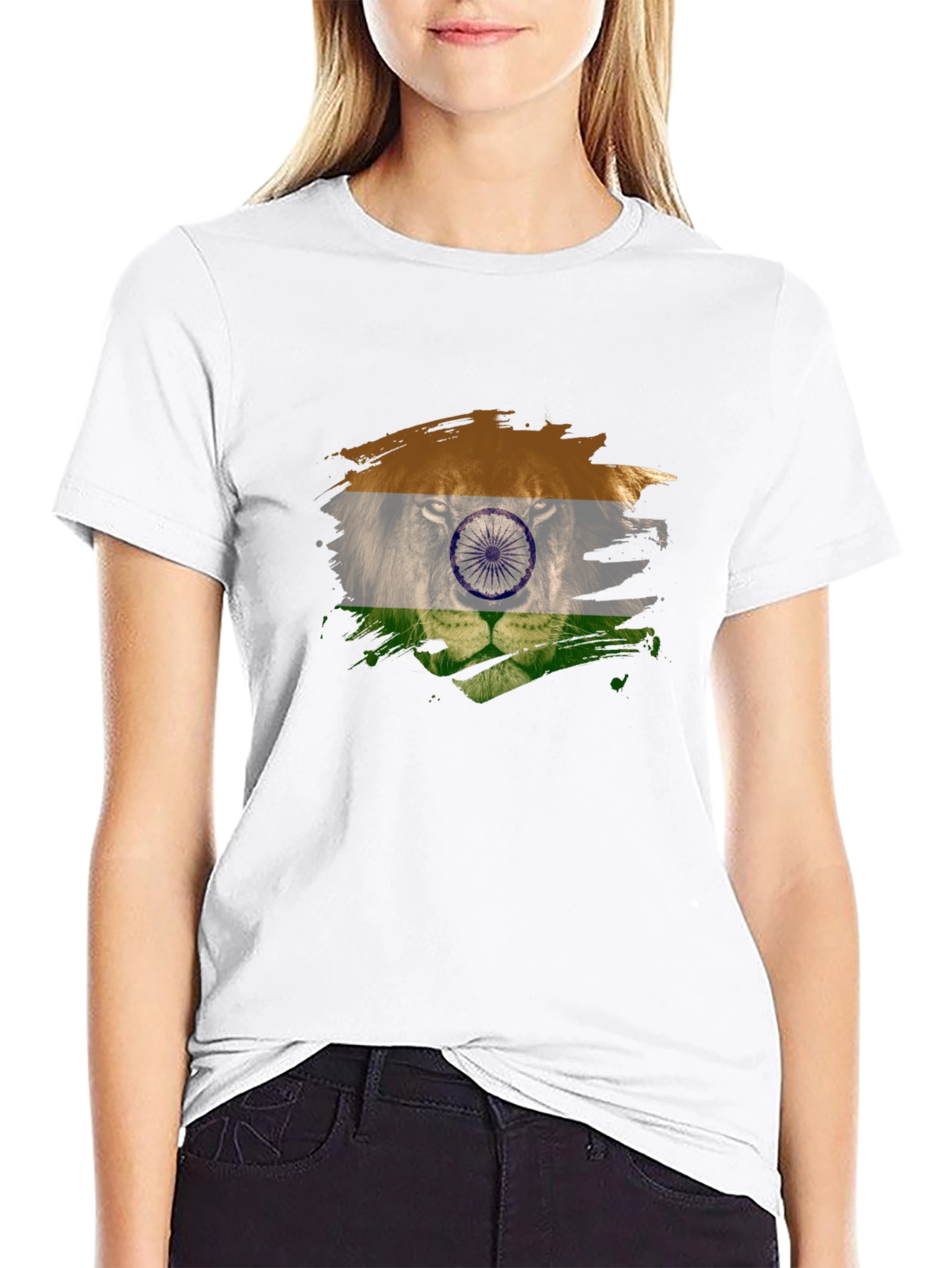 Indian Flag Lion Graphic Black T-Shirt