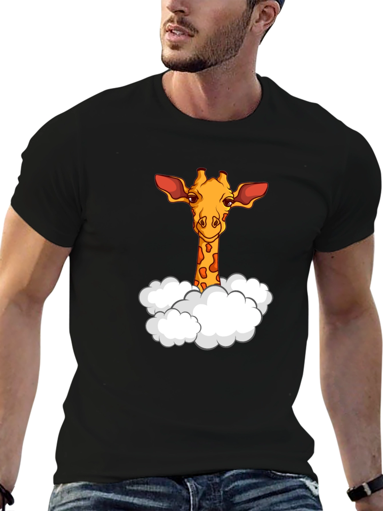 Giraffe in Clouds Graphic T-Shirt - Black