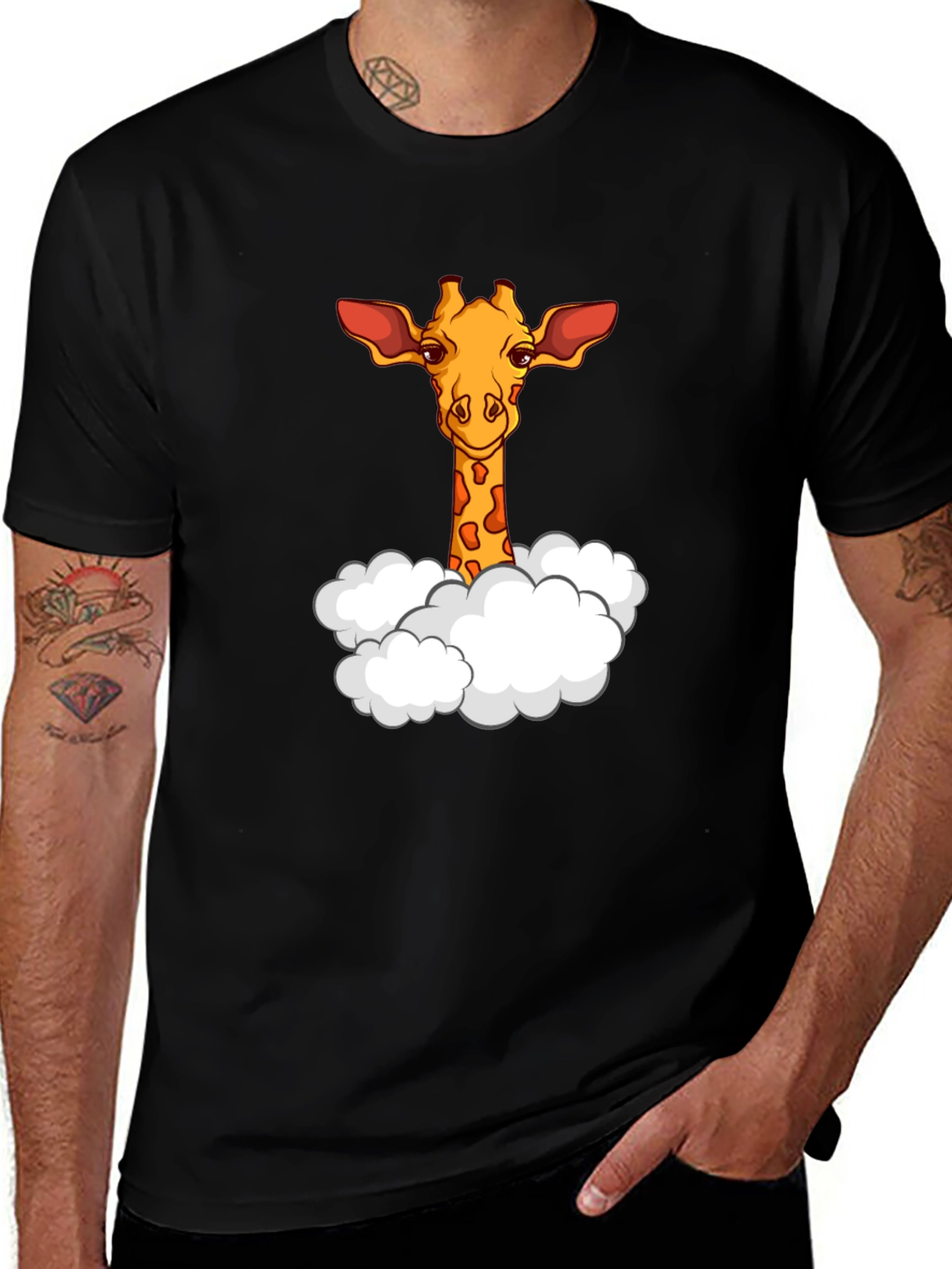 Giraffe in Clouds Graphic T-Shirt - Black