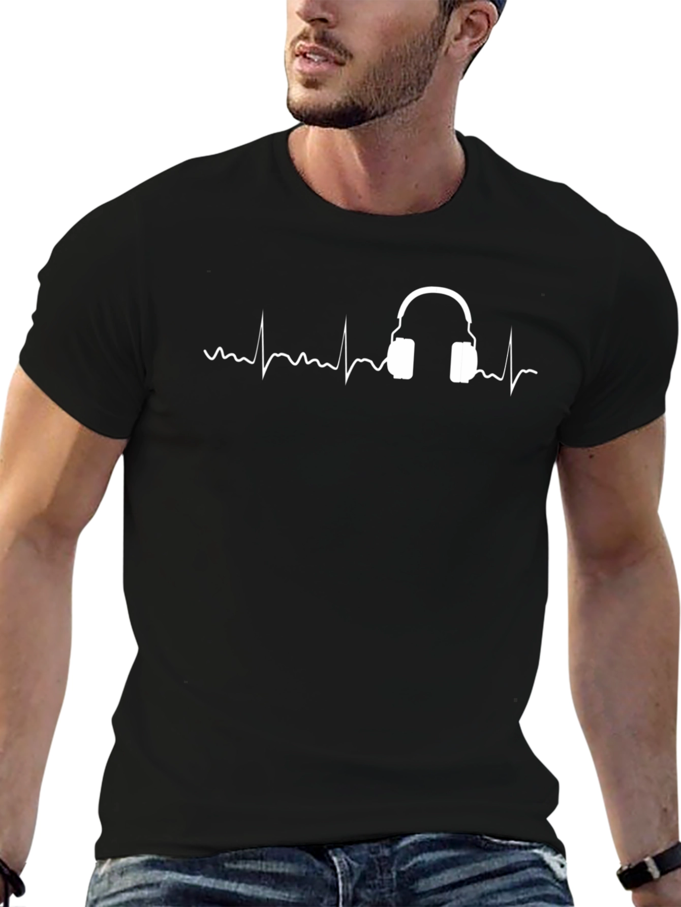 Black T-Shirt with Headphone Heartbeat Design