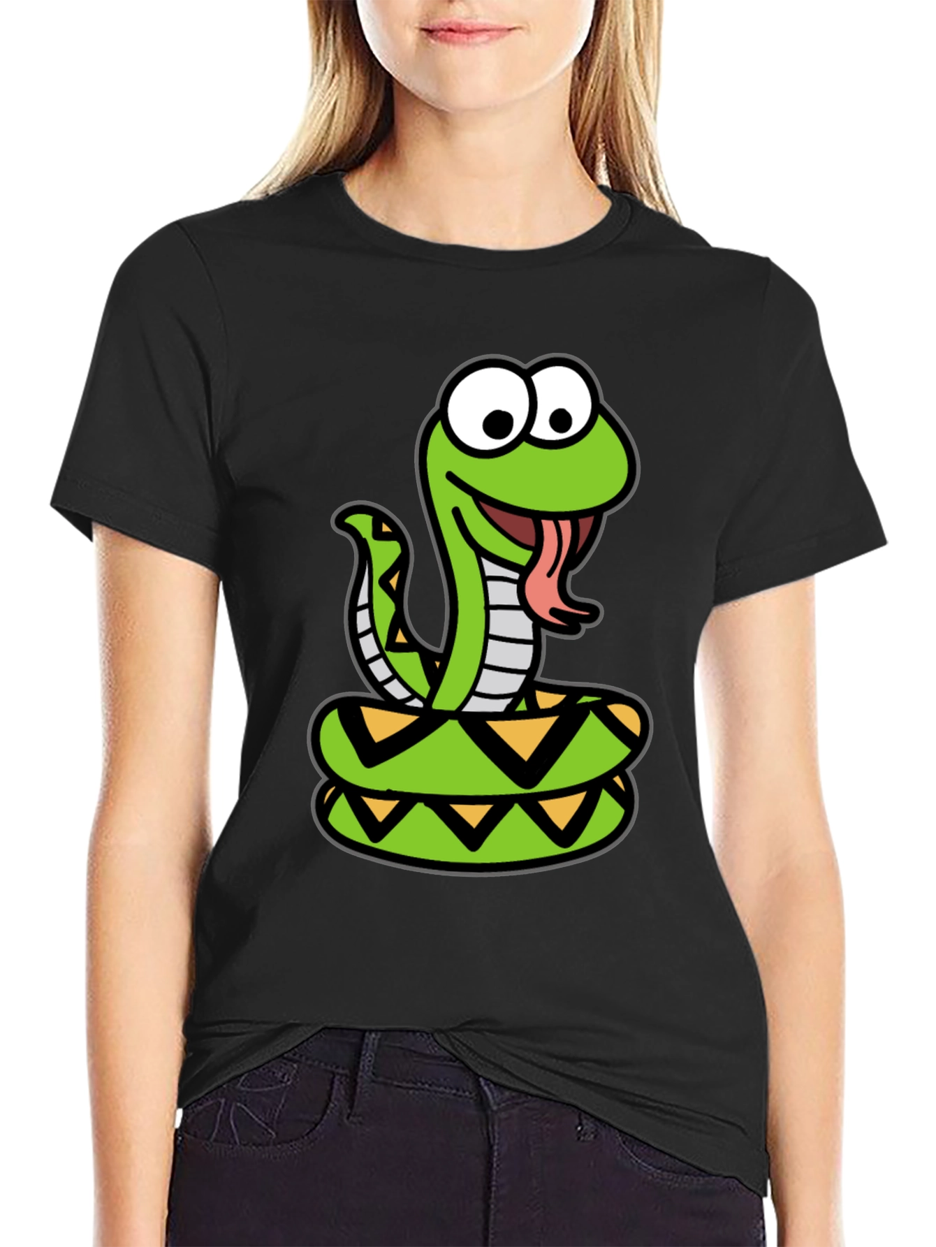 Cartoon Snake Graphic Tee - Black Cotton T-Shirt
