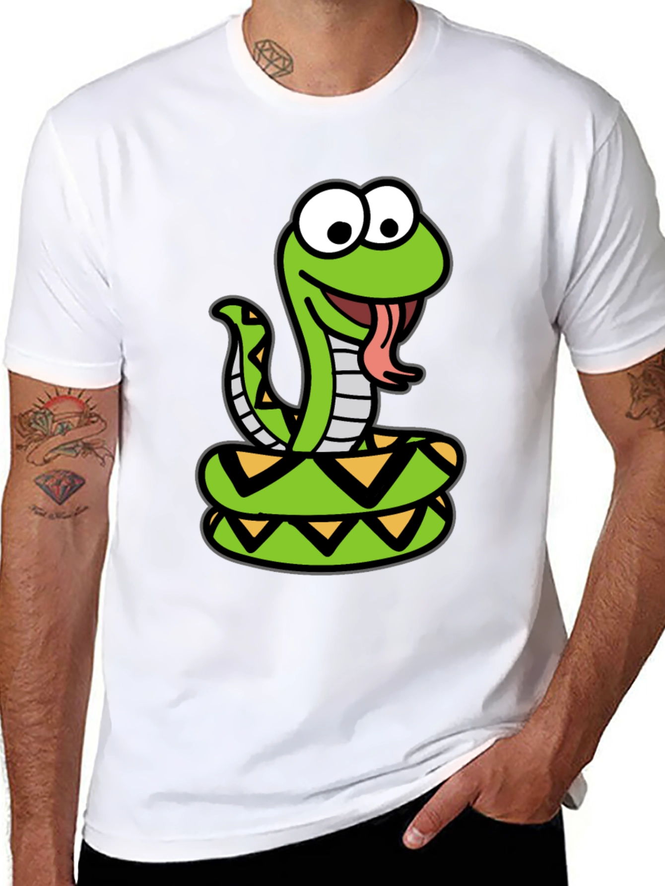 Cartoon Snake Graphic Tee - Black Cotton T-Shirt