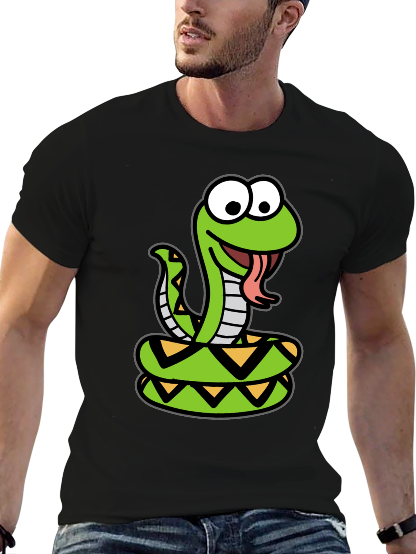 Cartoon Snake Graphic Tee - Black Cotton T-Shirt