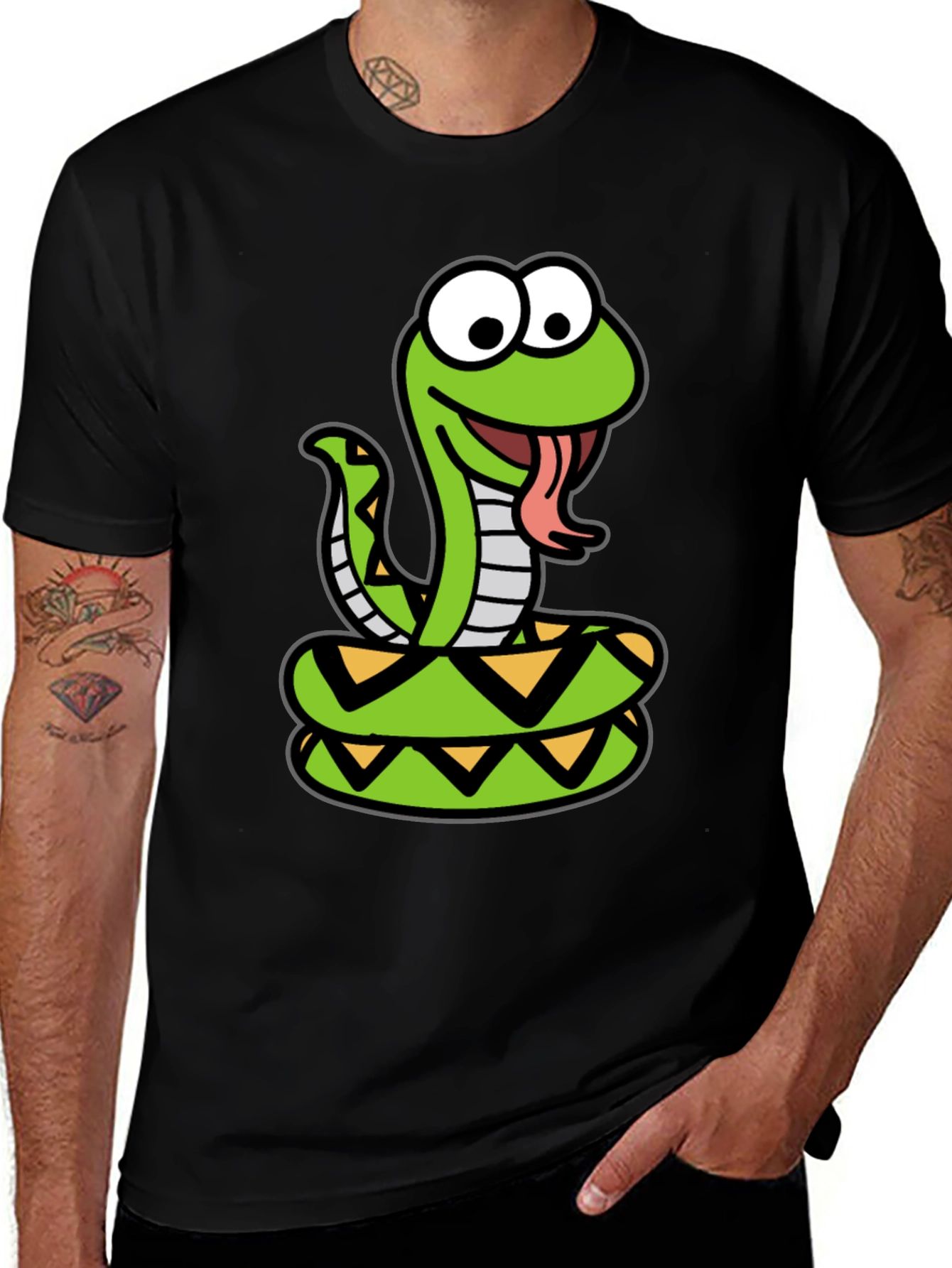 Cartoon Snake Graphic Tee - Black Cotton T-Shirt