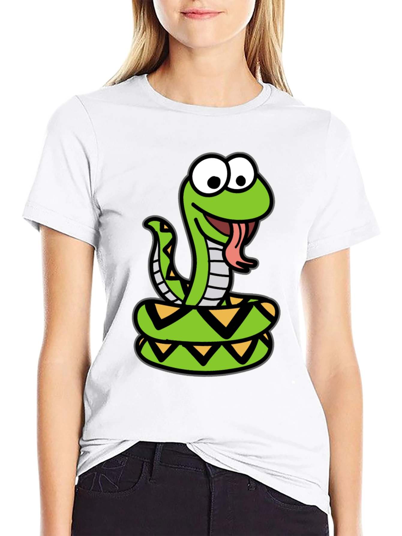 Cartoon Snake Graphic Tee - Black Cotton T-Shirt