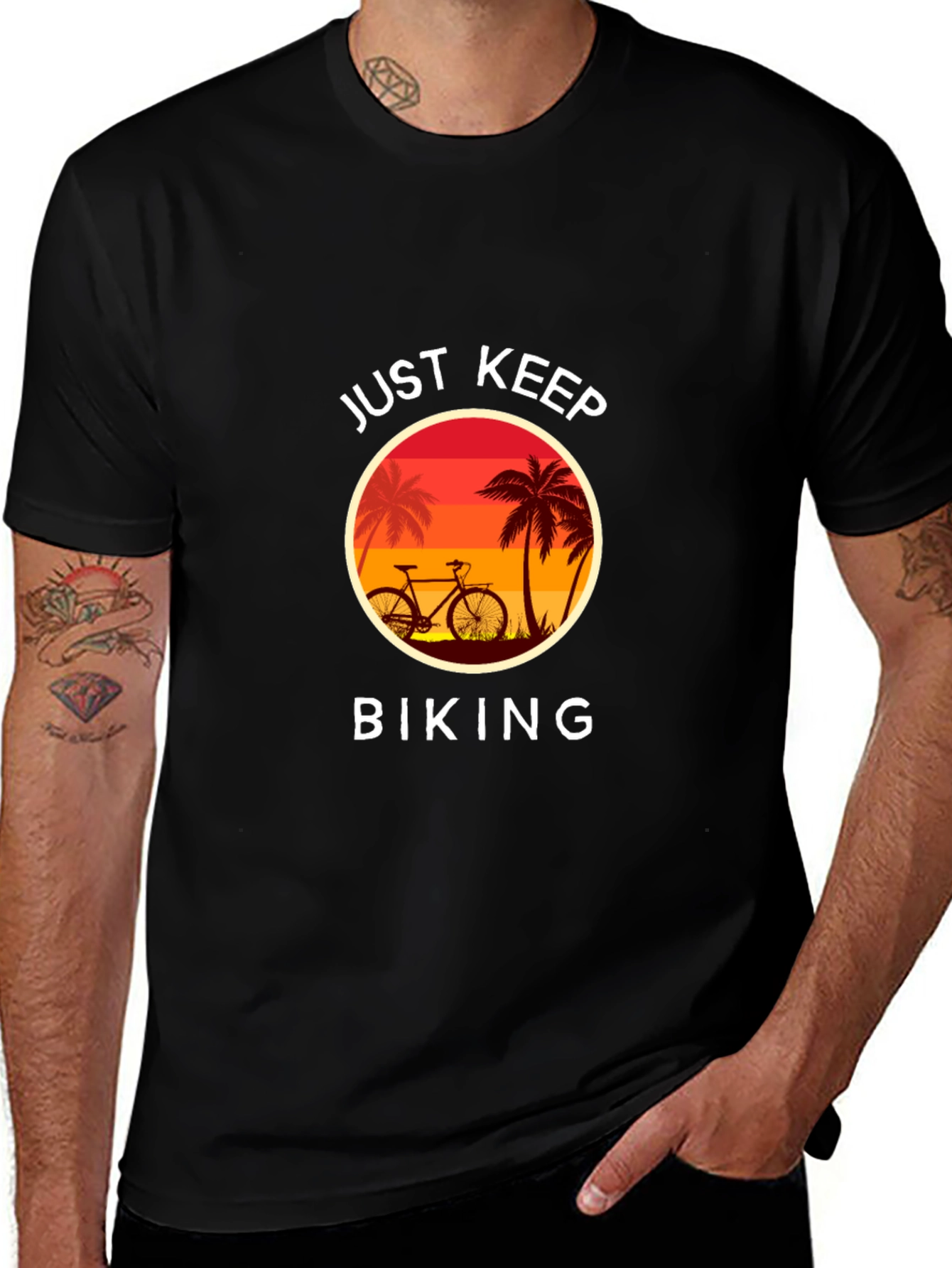 Just Keep Biking Graphic Tee - Tropical Sunset Design