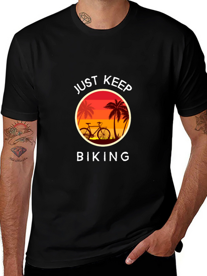 Just Keep Biking Graphic Tee - Tropical Sunset Design