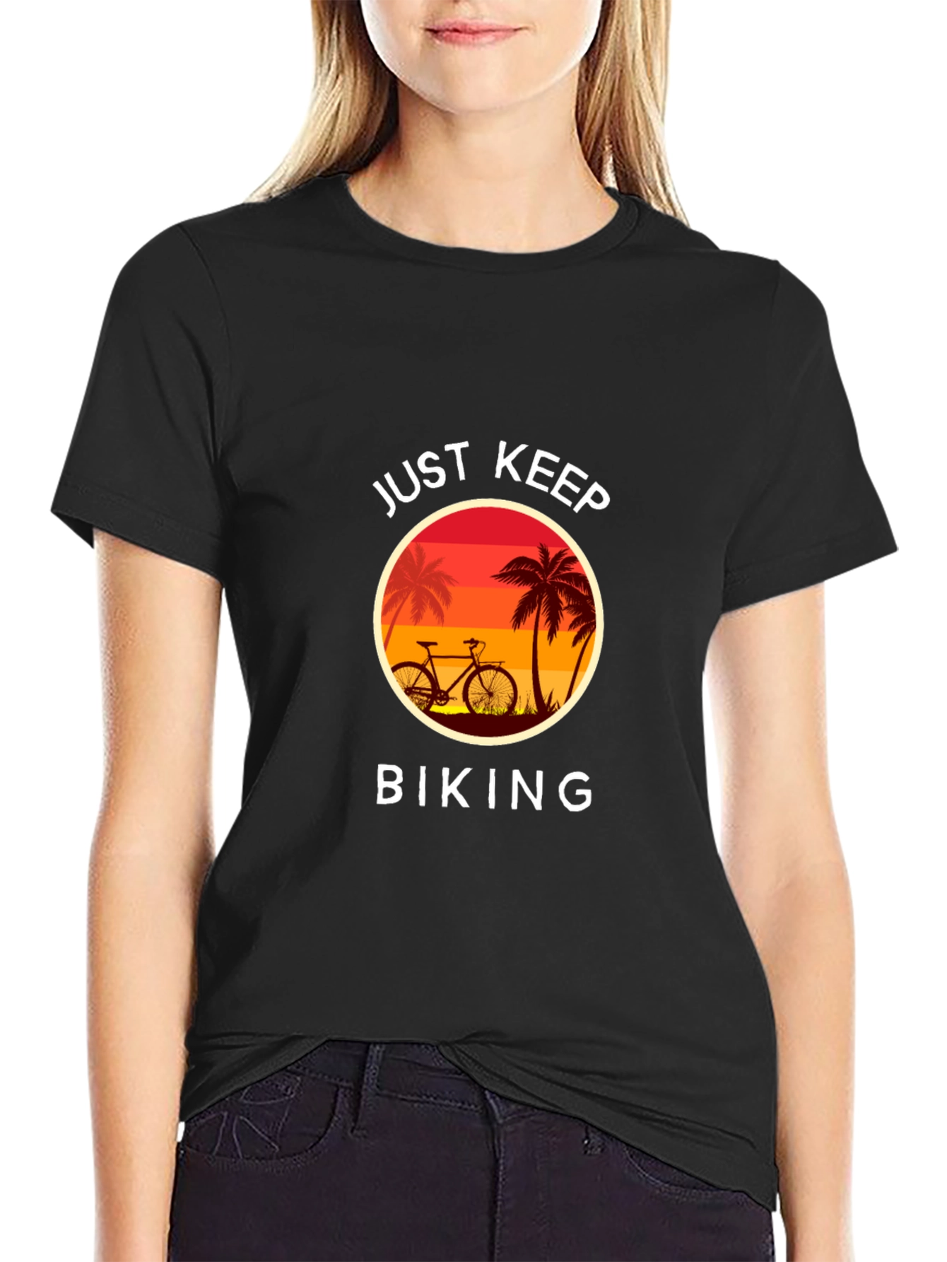 Just Keep Biking Graphic Tee - Tropical Sunset Design