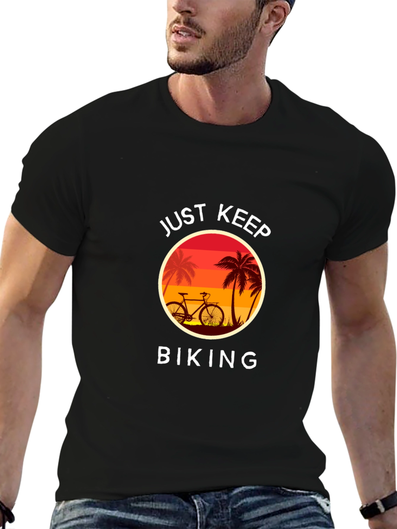 Just Keep Biking Graphic Tee - Tropical Sunset Design