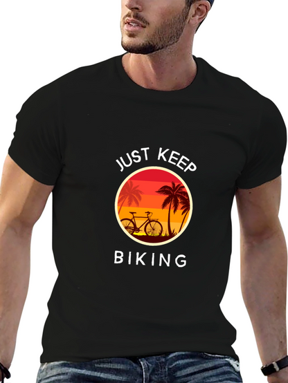 Just Keep Biking Graphic Tee - Tropical Sunset Design