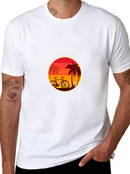 Just Keep Biking Graphic Tee - Tropical Sunset Design