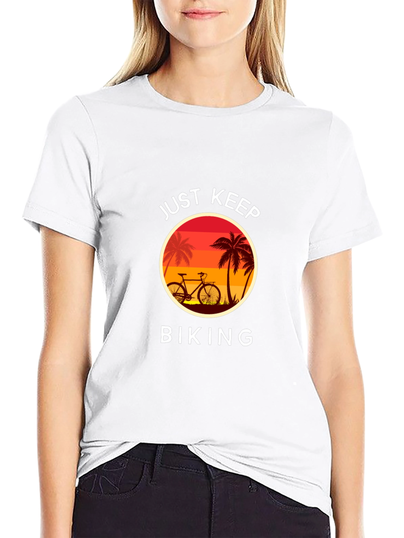 Just Keep Biking Graphic Tee - Tropical Sunset Design