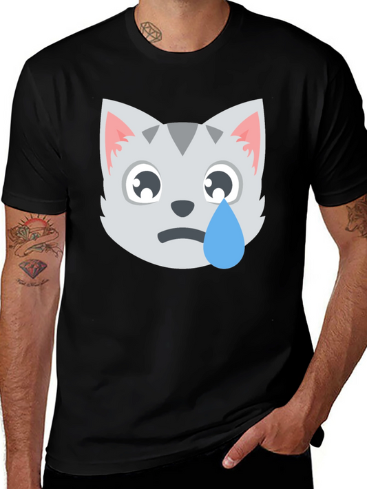 Sad Crying Cat Emoji Graphic Tee - Black Cotton T-Shirt