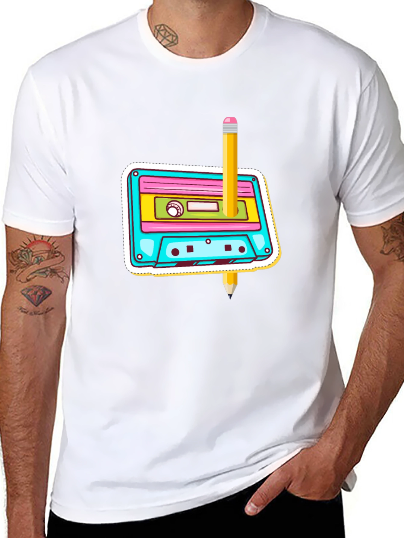Retro Cassette & Pencil Graphic T-Shirt
