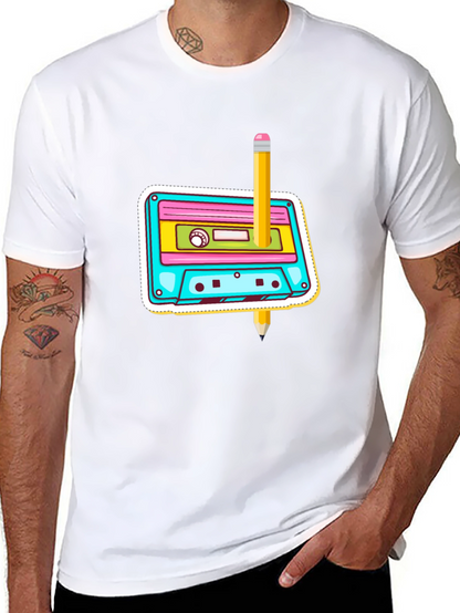 Retro Cassette & Pencil Graphic T-Shirt