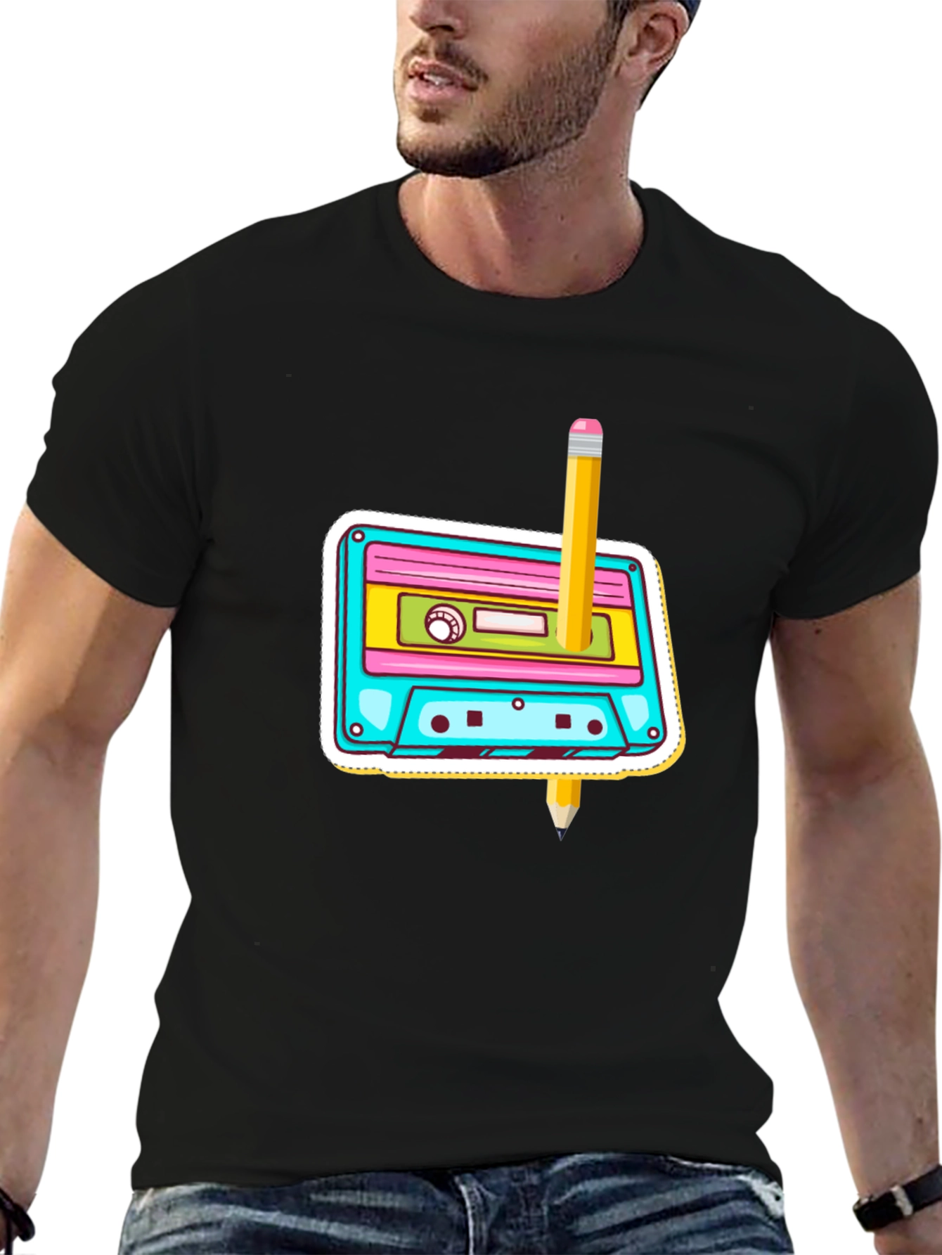 Retro Cassette & Pencil Graphic T-Shirt