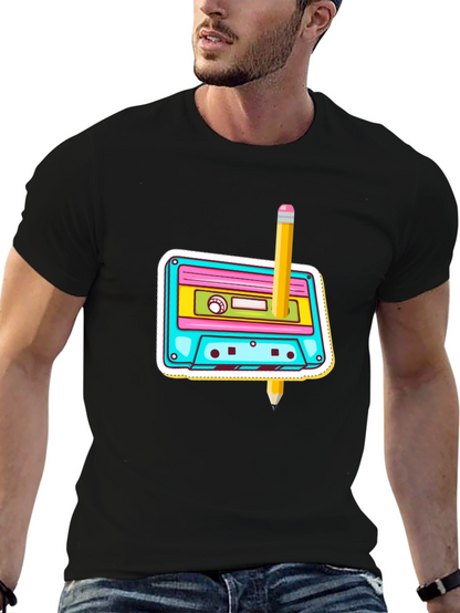 Retro Cassette & Pencil Graphic T-Shirt