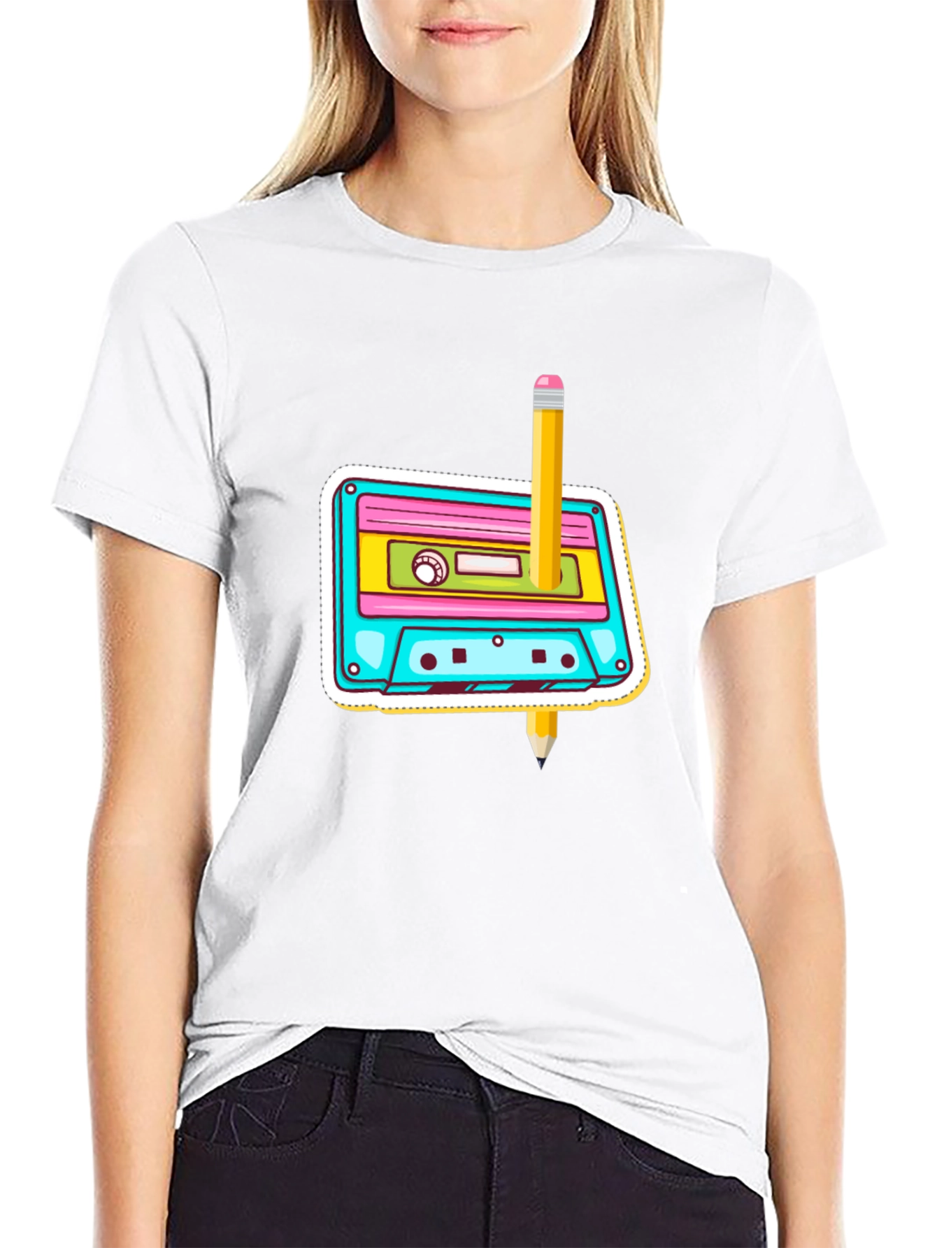 Retro Cassette & Pencil Graphic T-Shirt