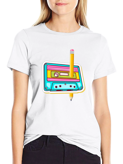 Retro Cassette & Pencil Graphic T-Shirt