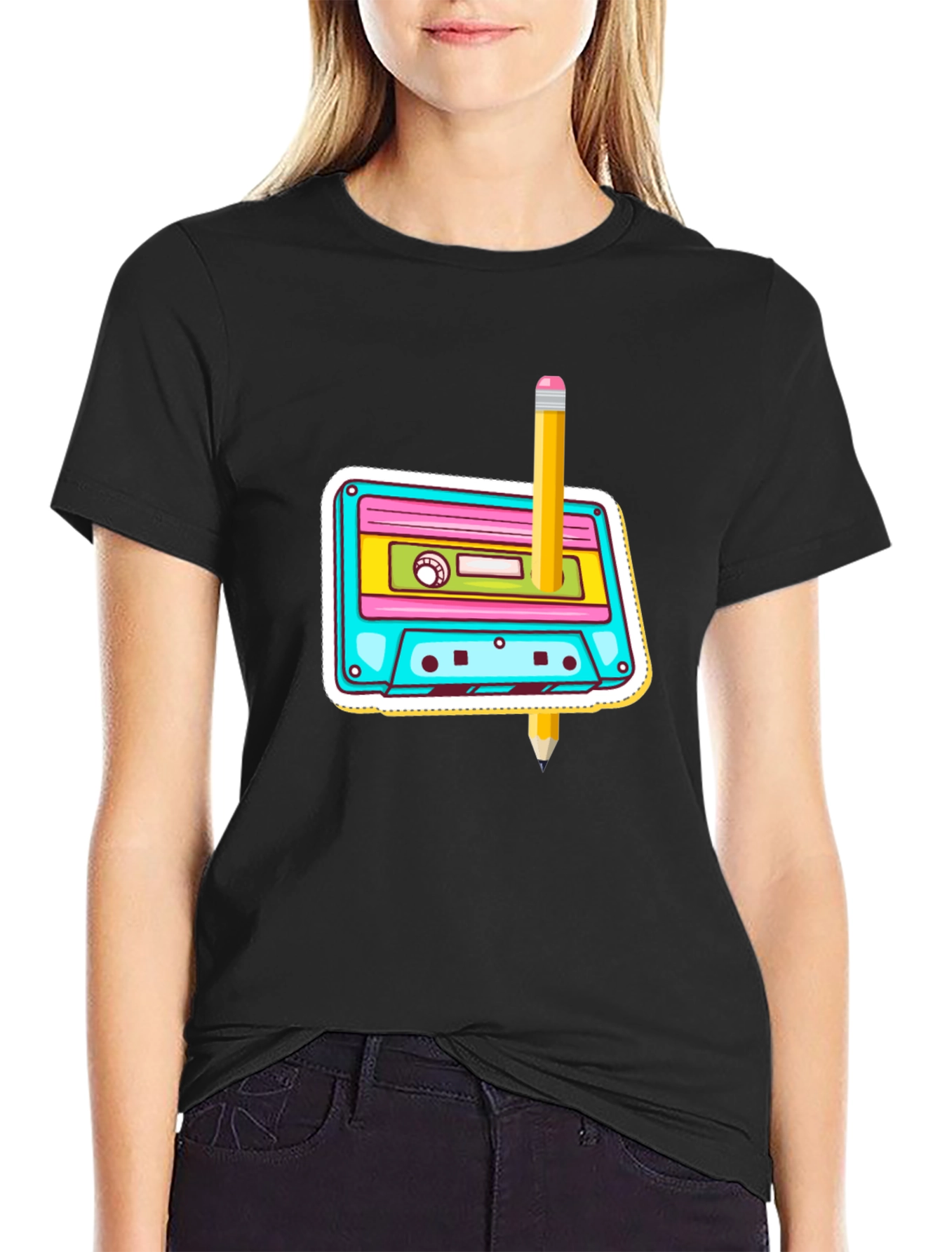 Retro Cassette & Pencil Graphic T-Shirt