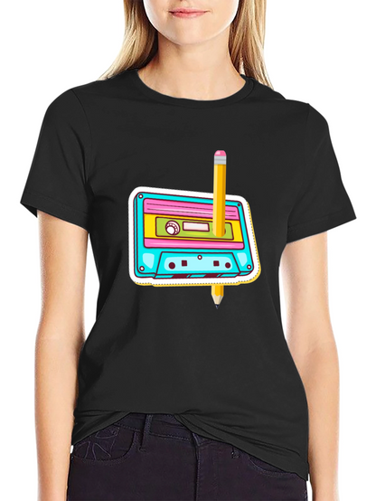 Retro Cassette & Pencil Graphic T-Shirt
